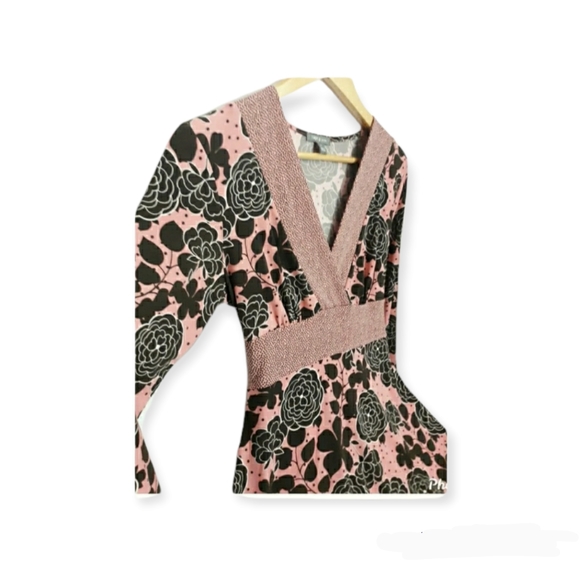 Womens small petite Floral fit & flair 3/4" sleeve Dress vneck tie back - Picture 4 of 6